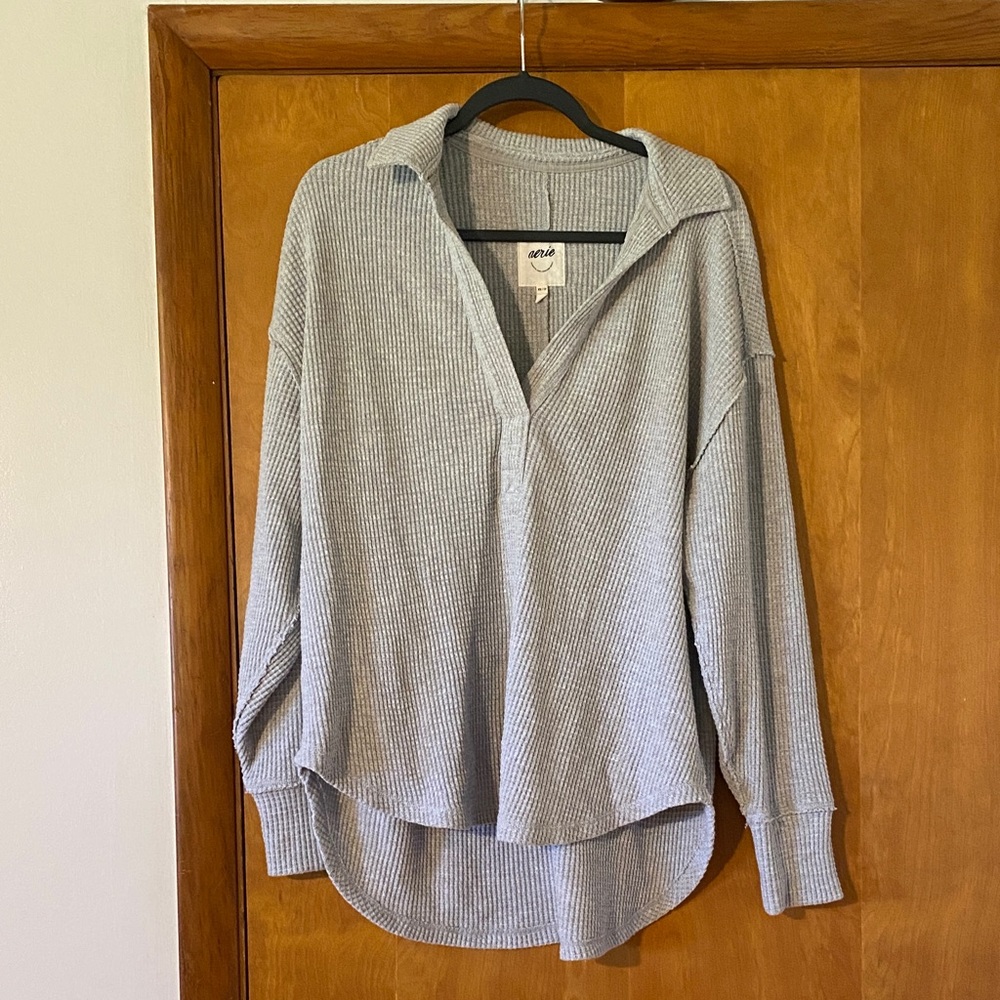 Aerie Light Gray Waffle Knit Hoodie